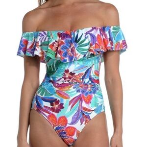 La Blanca Multicolor Floral Off-Shoulder One Piece Swimsuit